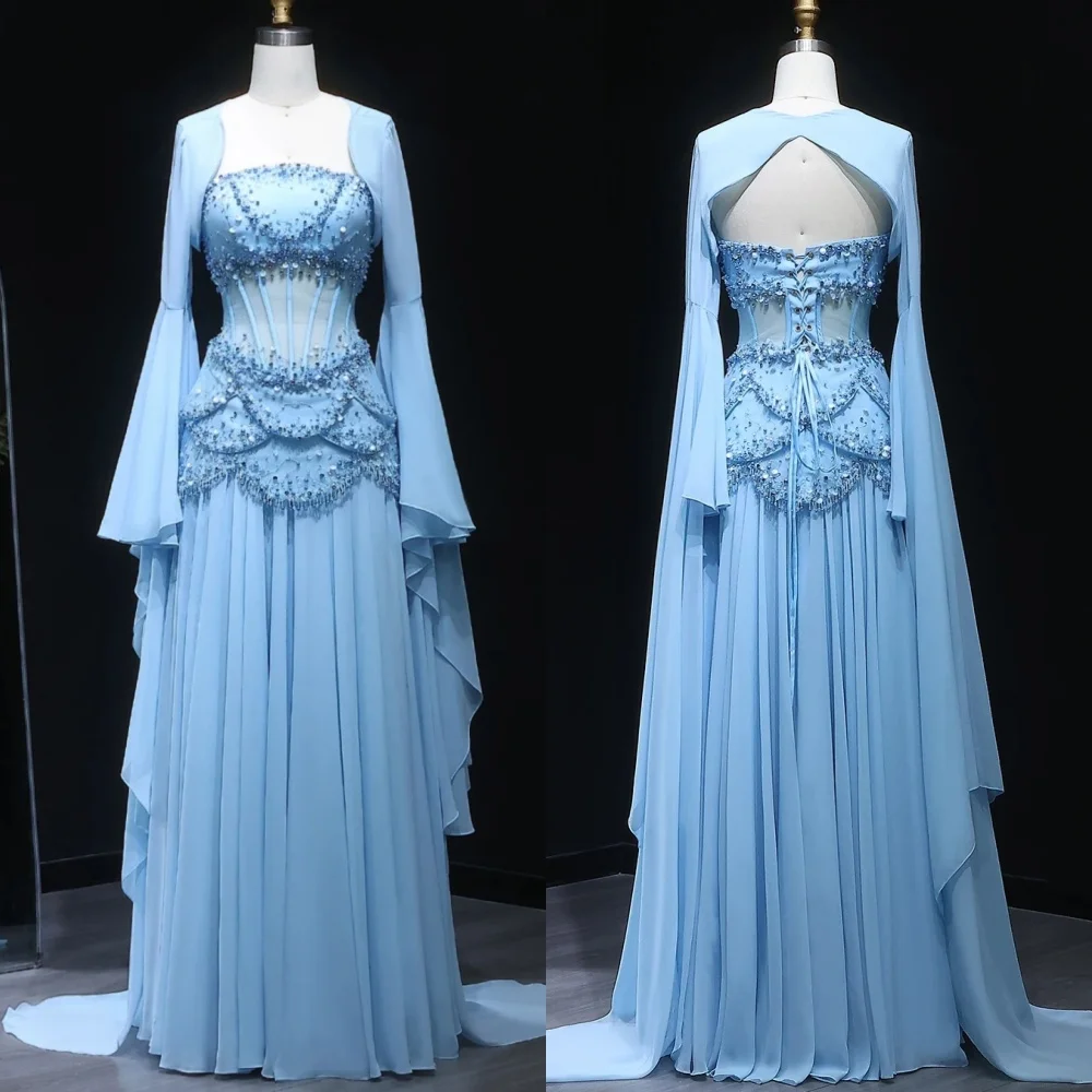 Maßgeschneiderte lange Chiffon-Kleider im chinesischen Stil mit Pailletten und Falten, A-Linie, gewellt, maßgeschneiderter Anlass, kompliziert Image