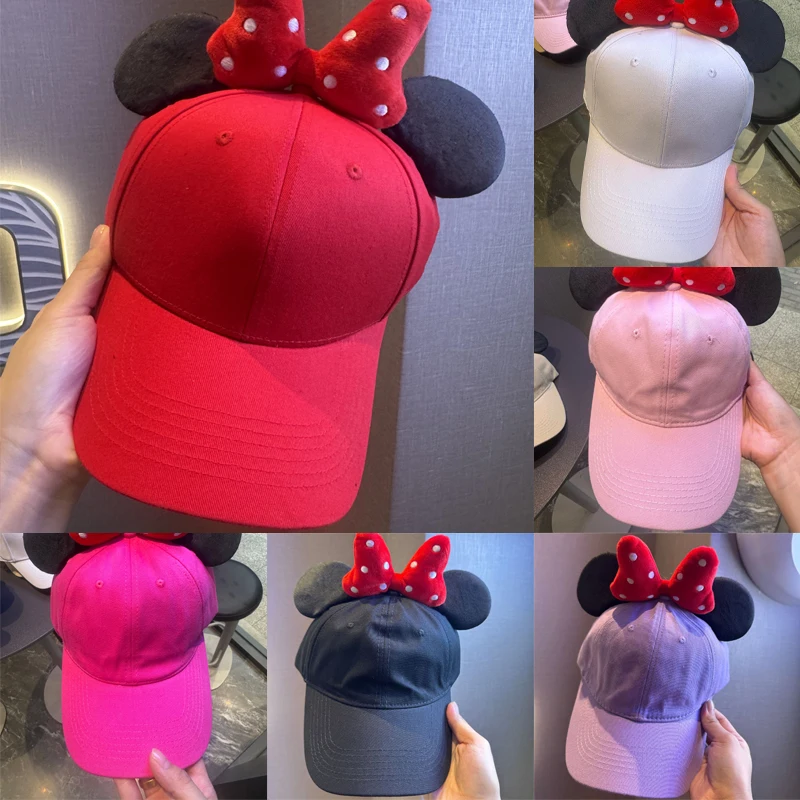 Disney Minnie Maus mit Ohren und Schleife, Anime-Figur, Baumwoll-Baseballmütze, niedliche Schirmmütze, Sonnenschutz, warm, als Geburtstagsgeschenk für Kinder Image
