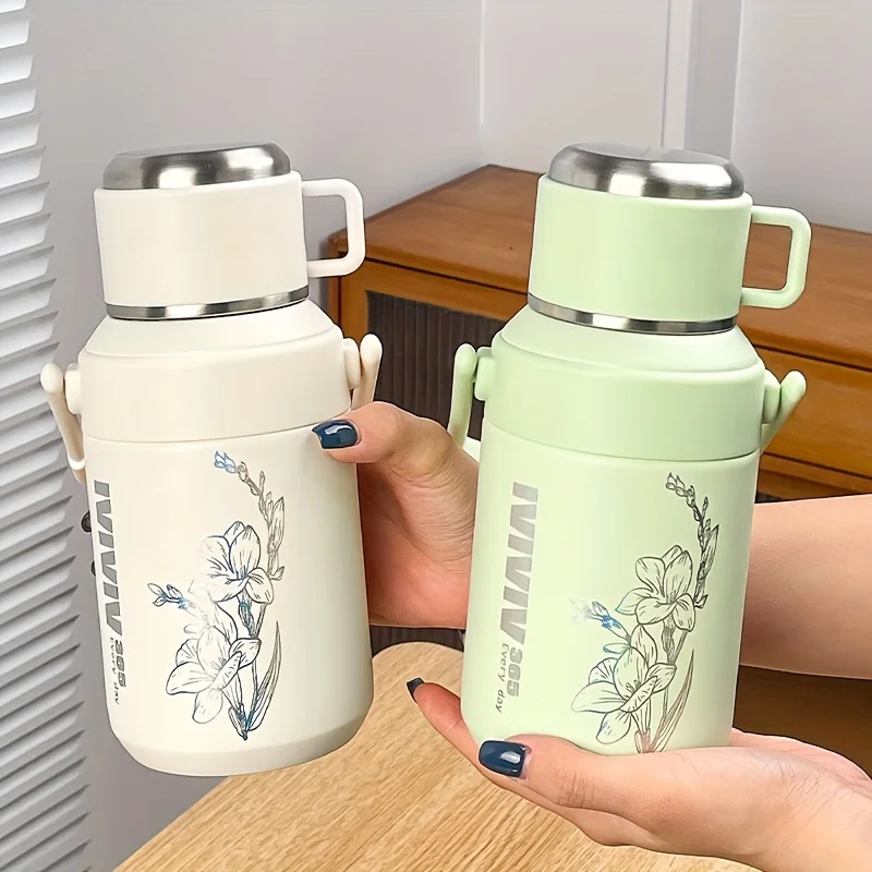 1 Stück 800 ml floral isolierte Wasserflasche – leichte Reise-Thermoskanne mit Griff, großes Fassungsvermögen, Hydratation für den Außenbereich Image