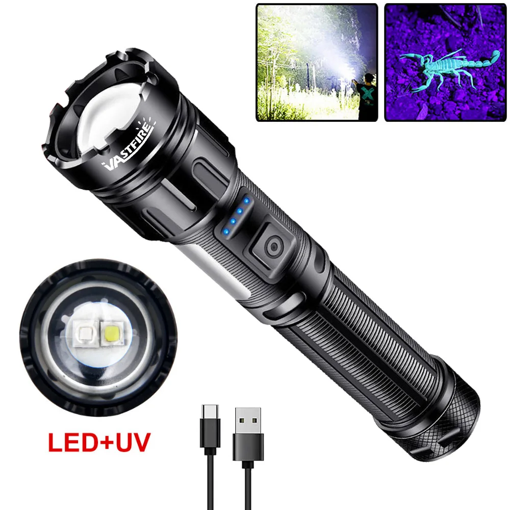 Typ-C-LED/UV-Taschenlampe, leistungsstarke Taschenlampe, superhelle, wiederaufladbare, taktische LED-Taschenlampe mit/ohne Akku, Campinglampe
