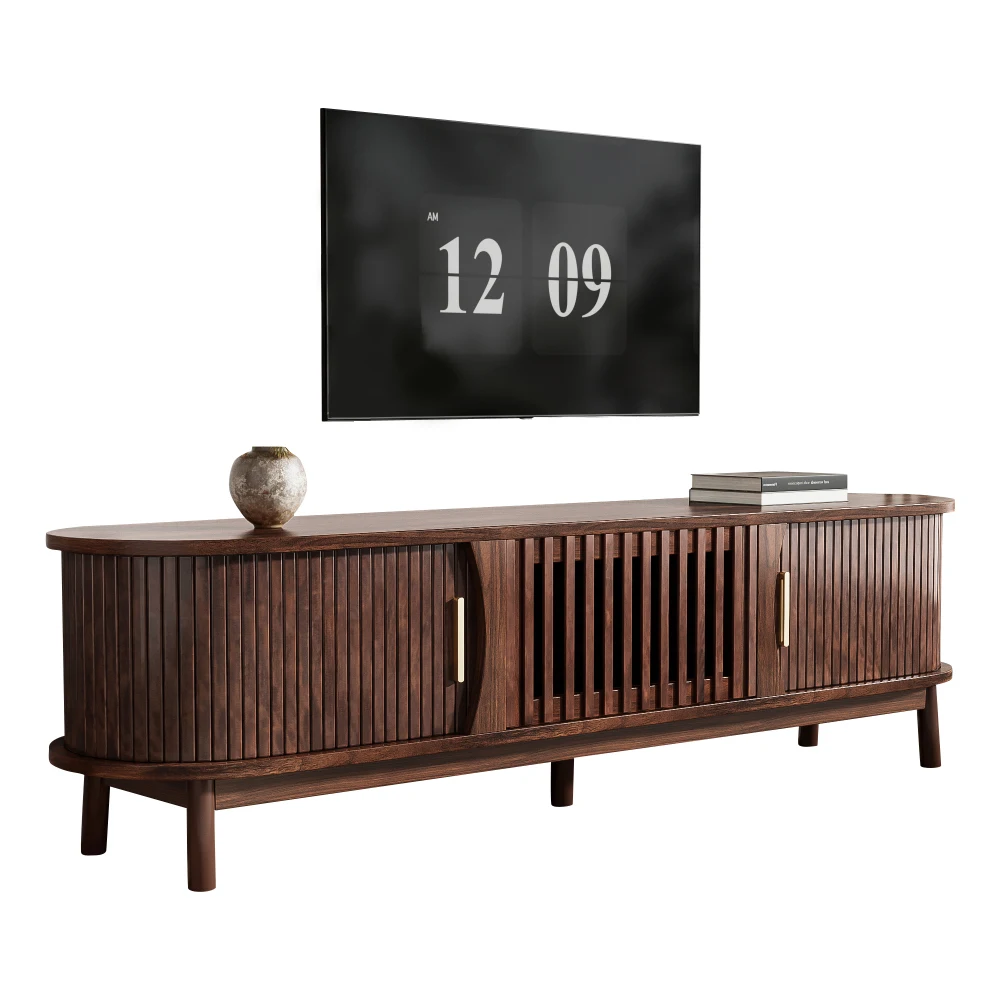 Braunes modernes Lowboard-TV-Möbel, flache Medienkonsole mit verschiebbaren und herunterklappbaren Hohlklappentüren, TV-Schrank mit Stauraum, geeignet für Fernseher bis zu 65 Zoll.