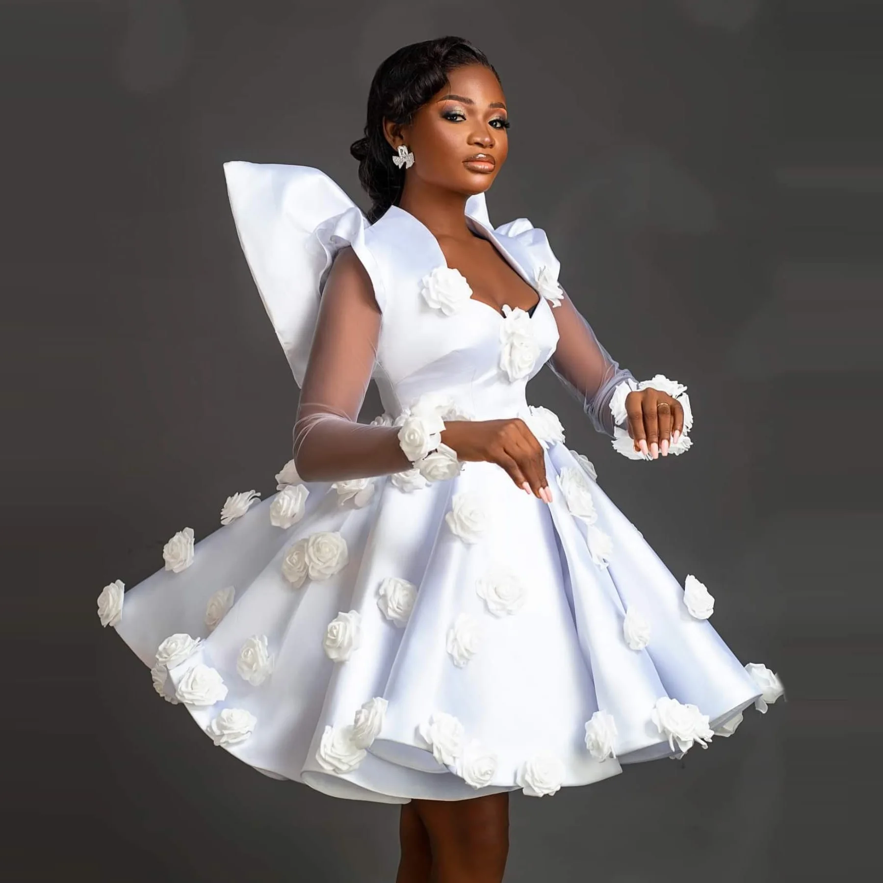 Flower White Tierred Prom Dresses with Sleeves Sheer Floral Short Party Dress Layered Above Knee Bow A Line Princess Prom Gowns