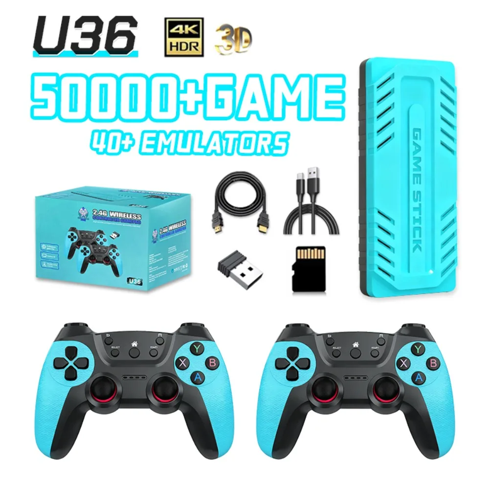 U36 Retro Game Stick 4K Video Game Console 50000+ Games,40+ Emulators, S905X4 Quad Plug and Play TV Game 2 Wireless Controllers