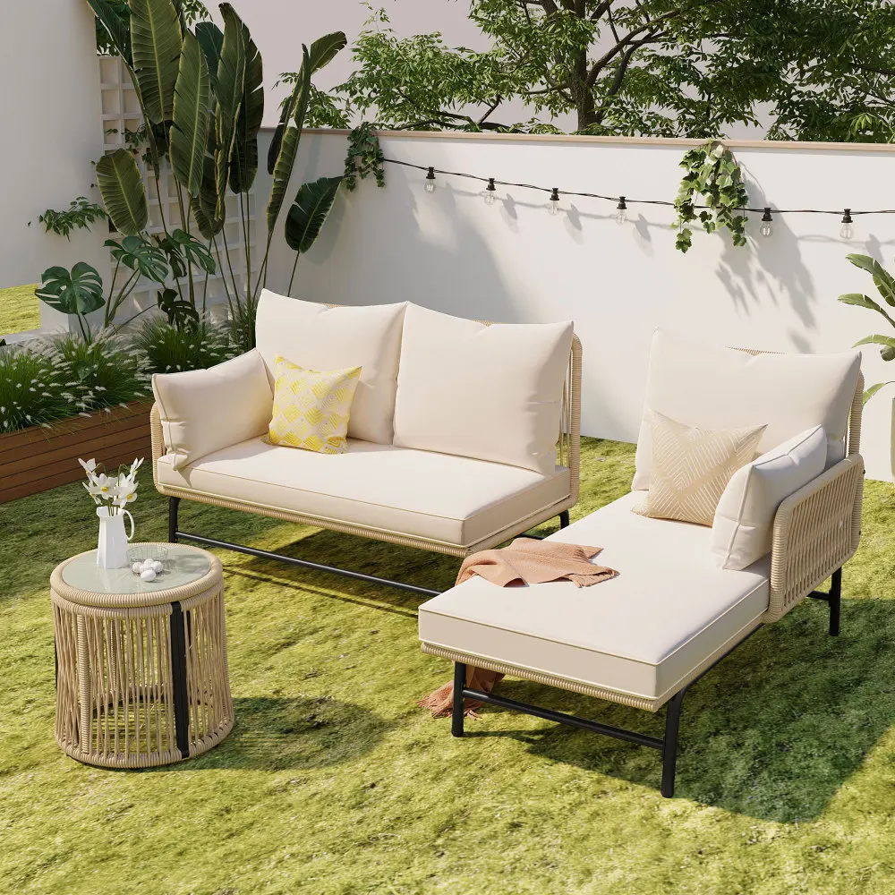 Ensemble de salon de jardin, ensemble de meubles de jardin en forme de L, avec structure en fer et revêtement en corde beige, en corde tressée, avec table