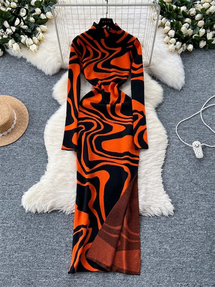 Geometric Print Zippered Bodycon Party Dress black Orange one Size