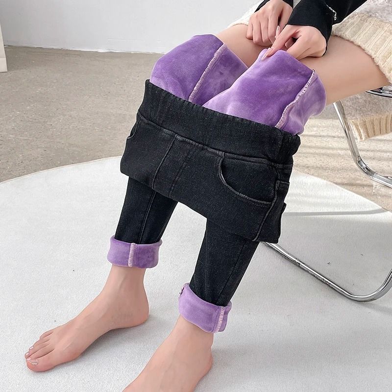 Womens Fleece Lined Winter Jeans Elastic Waist Warm Slim Mom Denim Pants black xl