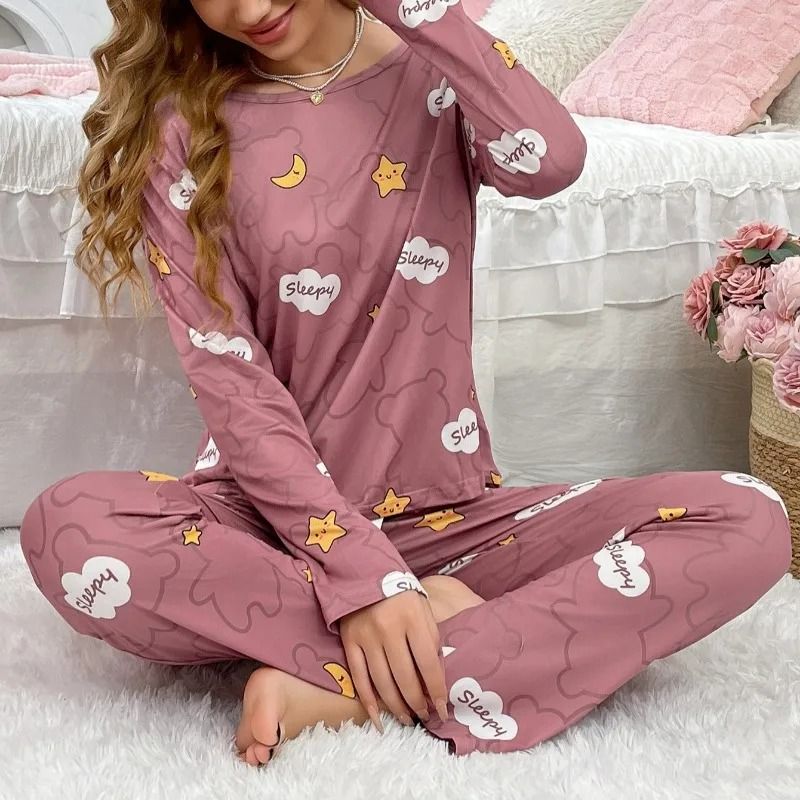 Womens Long Sleeve Pajama Set Soft 2 Piece Sleepwear Set Top And Pants pink xs