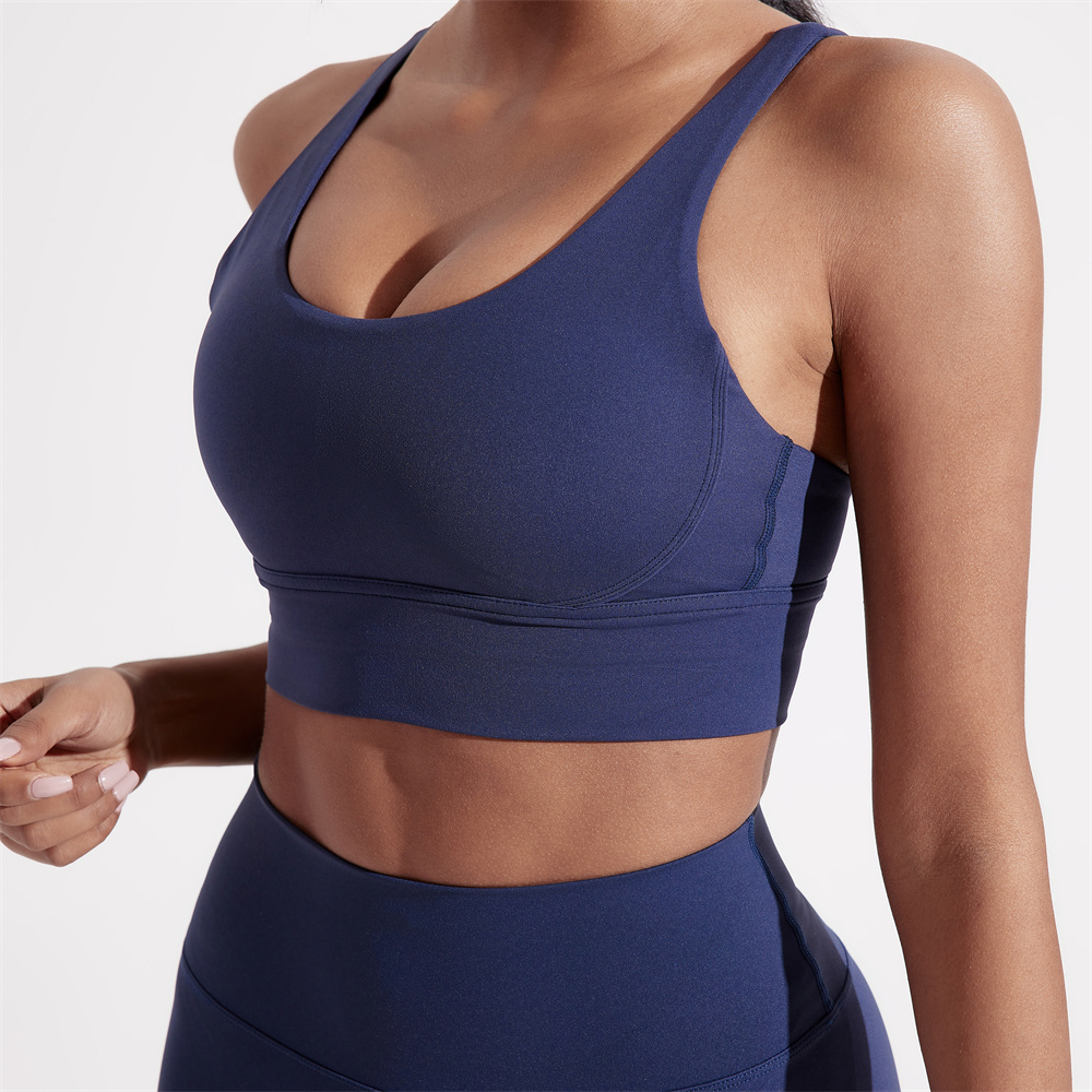Solid Color Cross Back Sports Bra With Chest Pad For High Impact Training And Yoga navy Blue l