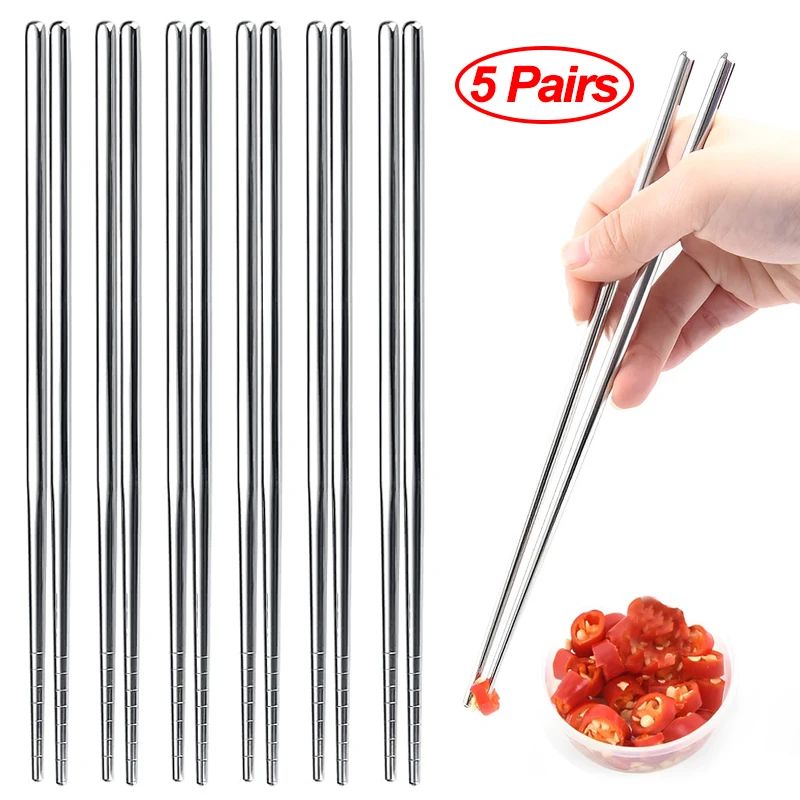 Silver Stainless Steel Chopsticks Set Reusable Non slip Korean Style Dining Chopsticks 2pairs