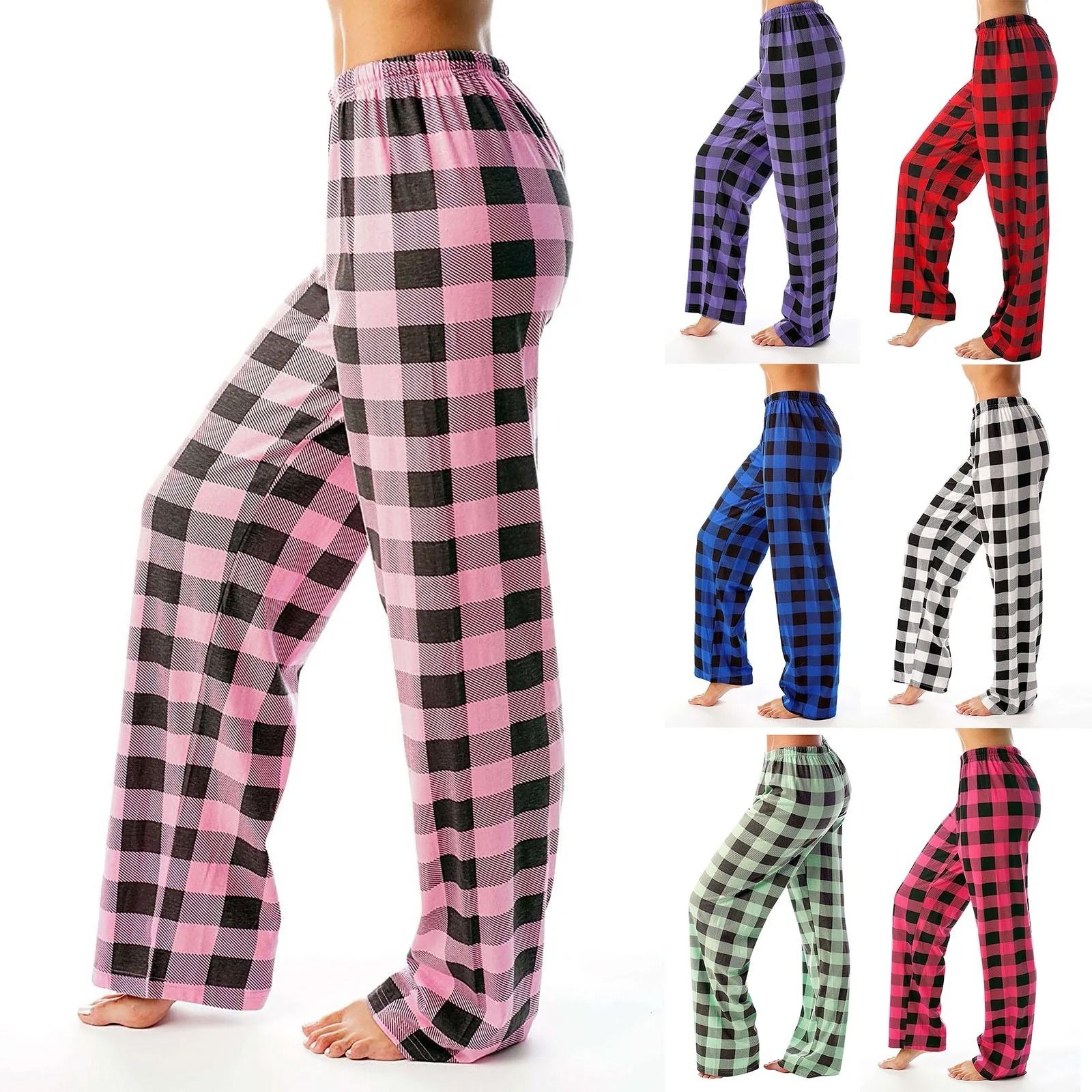 Womens Plaid Cotton Loose Ladies Pajama Pants Sleep Bottoms Lounge Wear blue 3xl