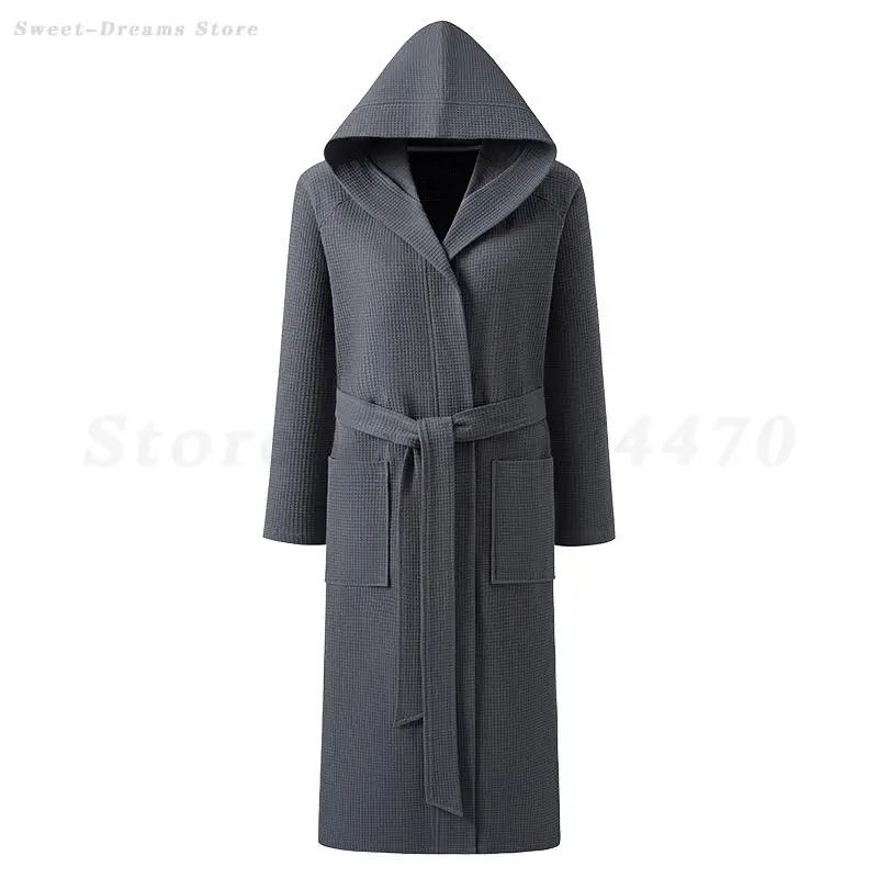 Couple Hooded Waffle Cotton Bathrobe Kimono Lounge Sleepwear Robe Set men Gray 12