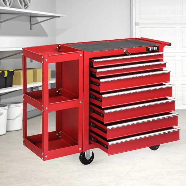 Heavy Duty 7 Drawer Tool Chest With Lock & Key, Rolling Tool Box & Side Shelves Durable Storage Solution Heavy Duty 7 Drawer Tool Chest With Lock & Key, Rolling Tool Box & Side Shelves Durable Storage Solution