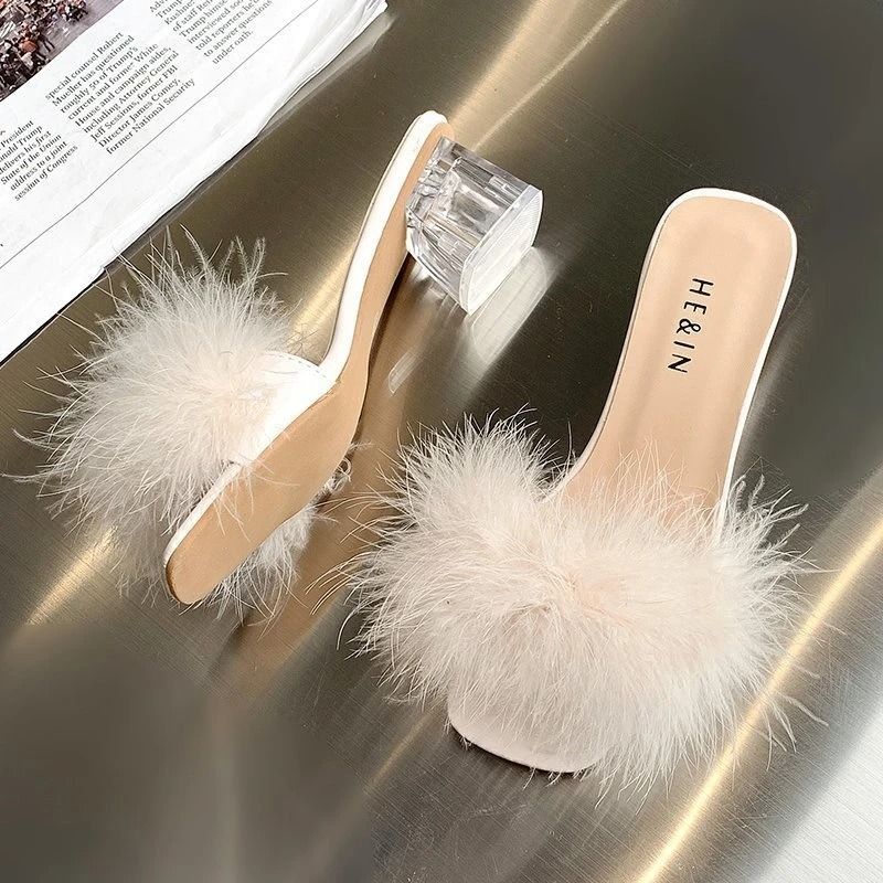 Sexy Faux Fox Fur Square Toe Pumps Elegant Chunky Heel Summer Slippers light Green 5.5