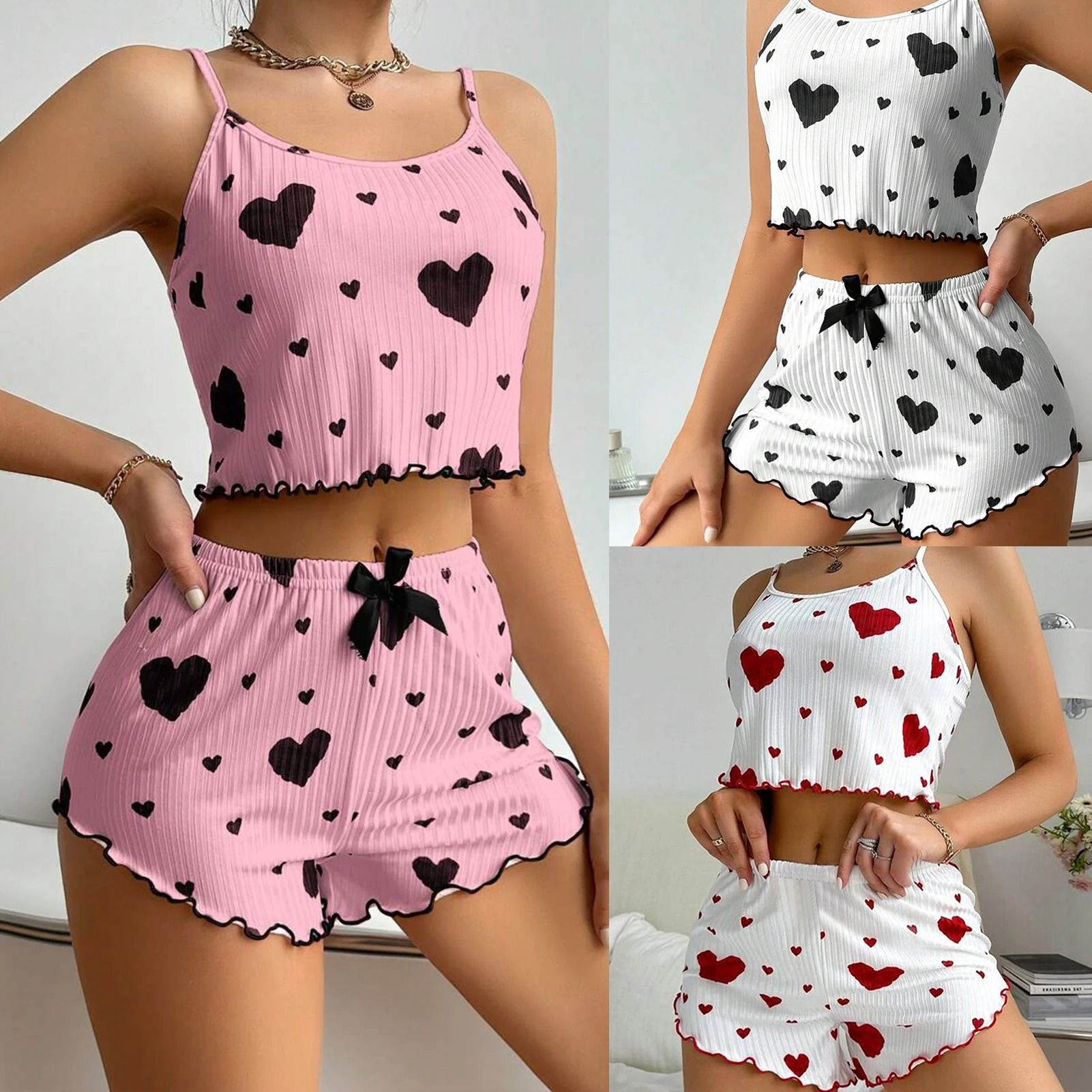 Womens Summer Pajama Set Heart Print Camisole And Shorts Sleepwear Two Piece Lounge Set black m