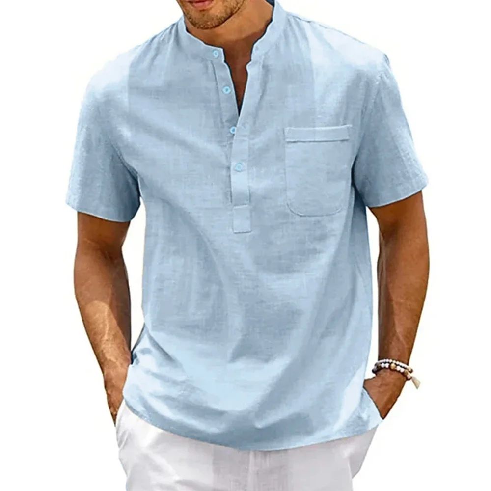 Men's Cotton Linen Henley Shirt Breathable Short Sleeve Casual Beach Tee green us L 154176 Lb