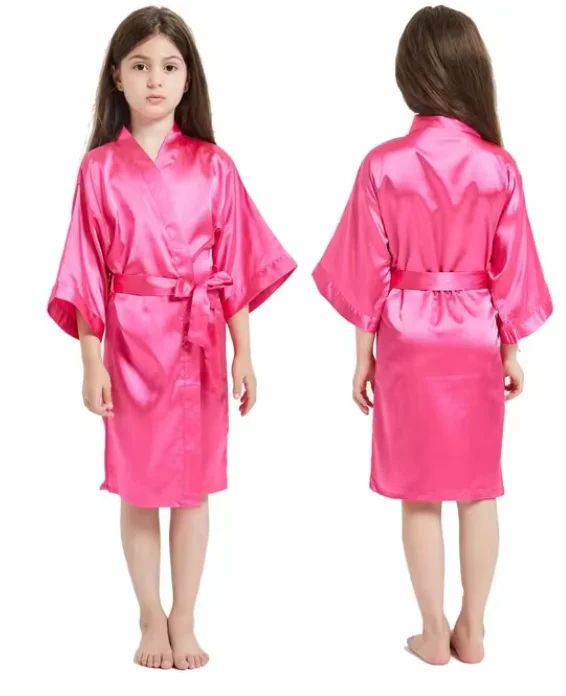Girls Pink Satin Silk Kimono Robe Kids Short Sleeve Bathrobe Summer Sleepwear Party Dress white 12