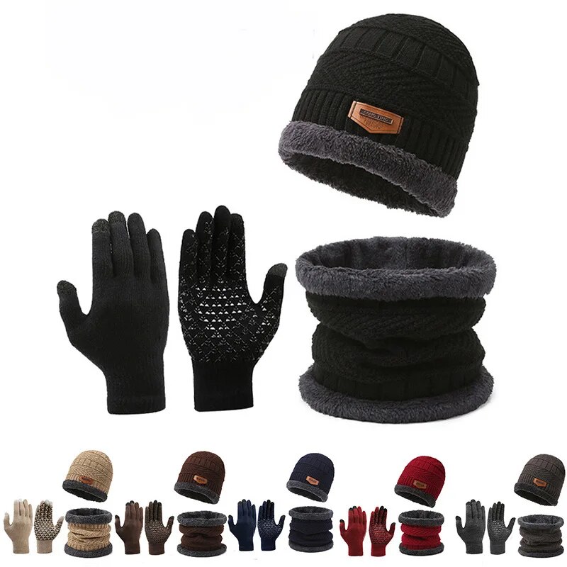 Mens Windproof Hat, Outdoor Winter Scarf & Gloves Set With Cashmere Insulated Knit Hat For Cold Weather navy