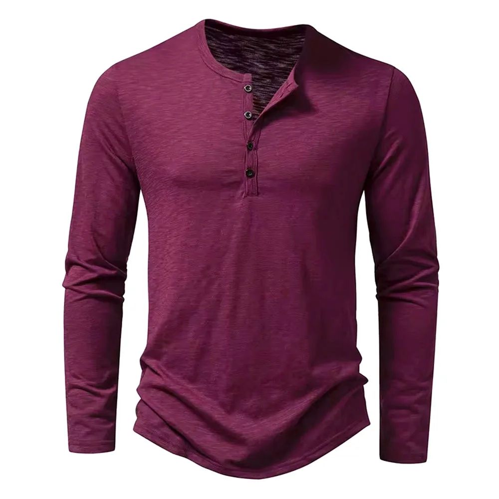 Men's Cotton Long Sleeve Henley Shirt Casual Button Neck Slim Fit Tee khaki l