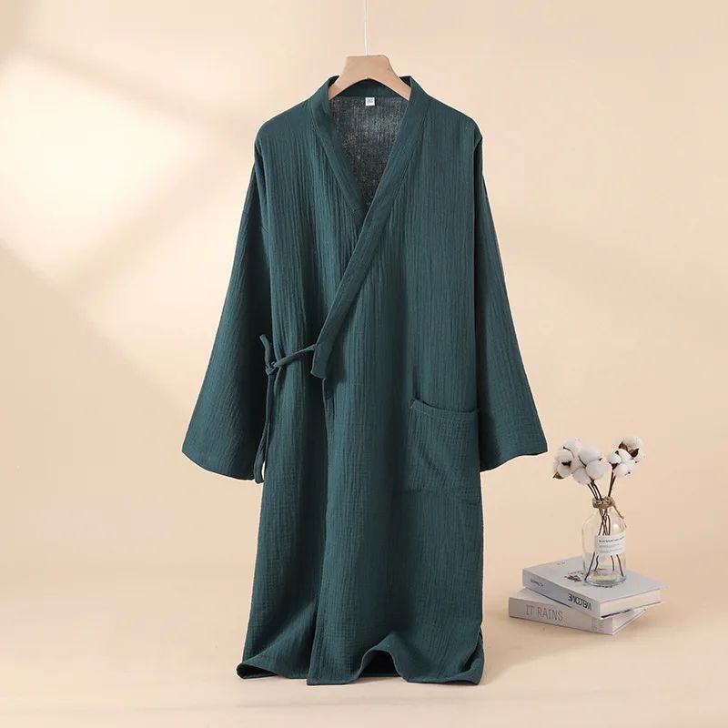 Unisex Cotton Kimono Robe Lightweight Couple Bathrobe Tie Waist Home Lounge Sleepwear women Beige 8 10