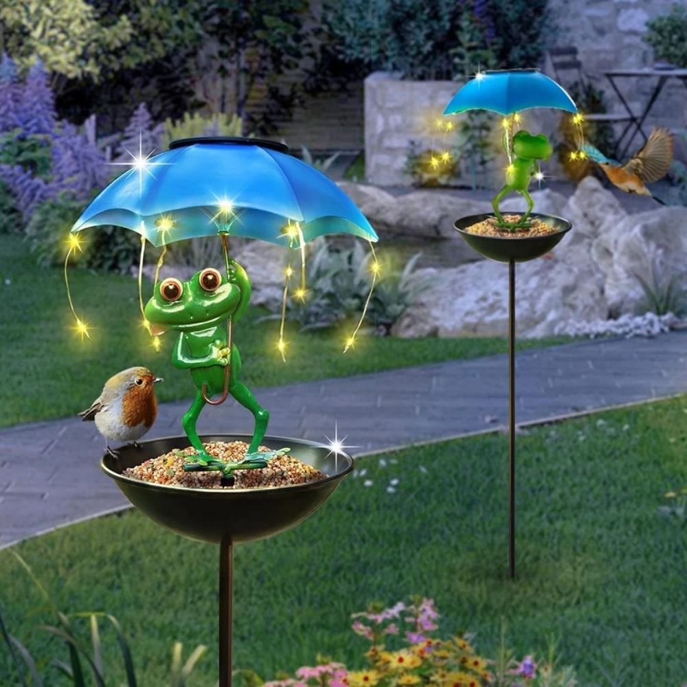 Solar Frog Bird Feeder Garden Stake | Decorative Metal Figurine Landscape Light For Lawn & Pathway Solar Frog Bird Feeder Garden Stake | Decorative Metal Figurine Landscape Light For Lawn & Pathway
