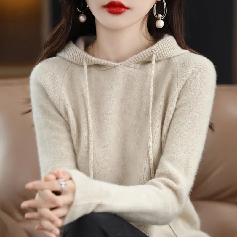 Casual Womens Knitted Hoodie Sweater Loose Drawstring Pullover Hoodie beige xl