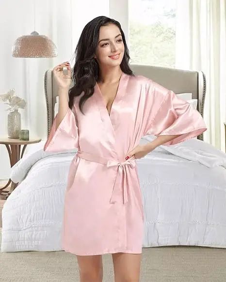 Women's Luxury Satin Silk Kimono Robe Navy Blue Bridesmaid Short Sleeve Bathrobe light Blue 6