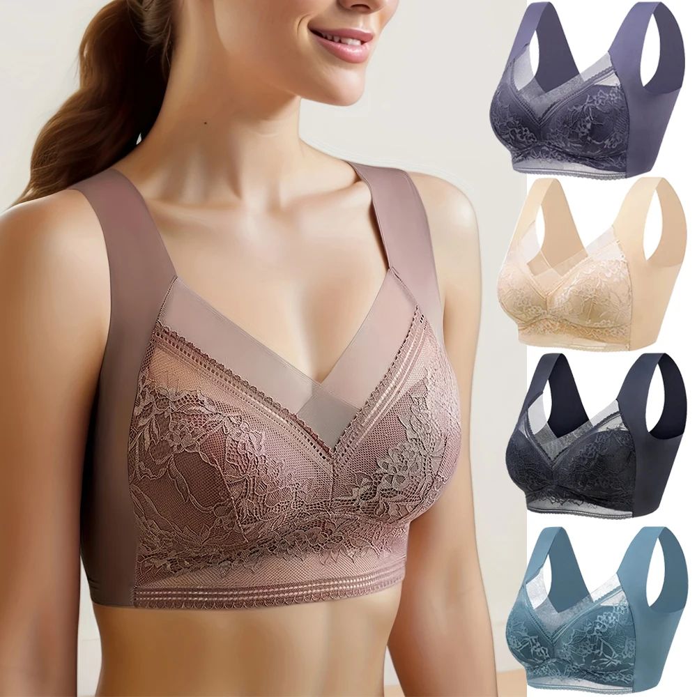 Womens Seamless Ice Silk Push Up Lace Wireless Bra blue 4xl