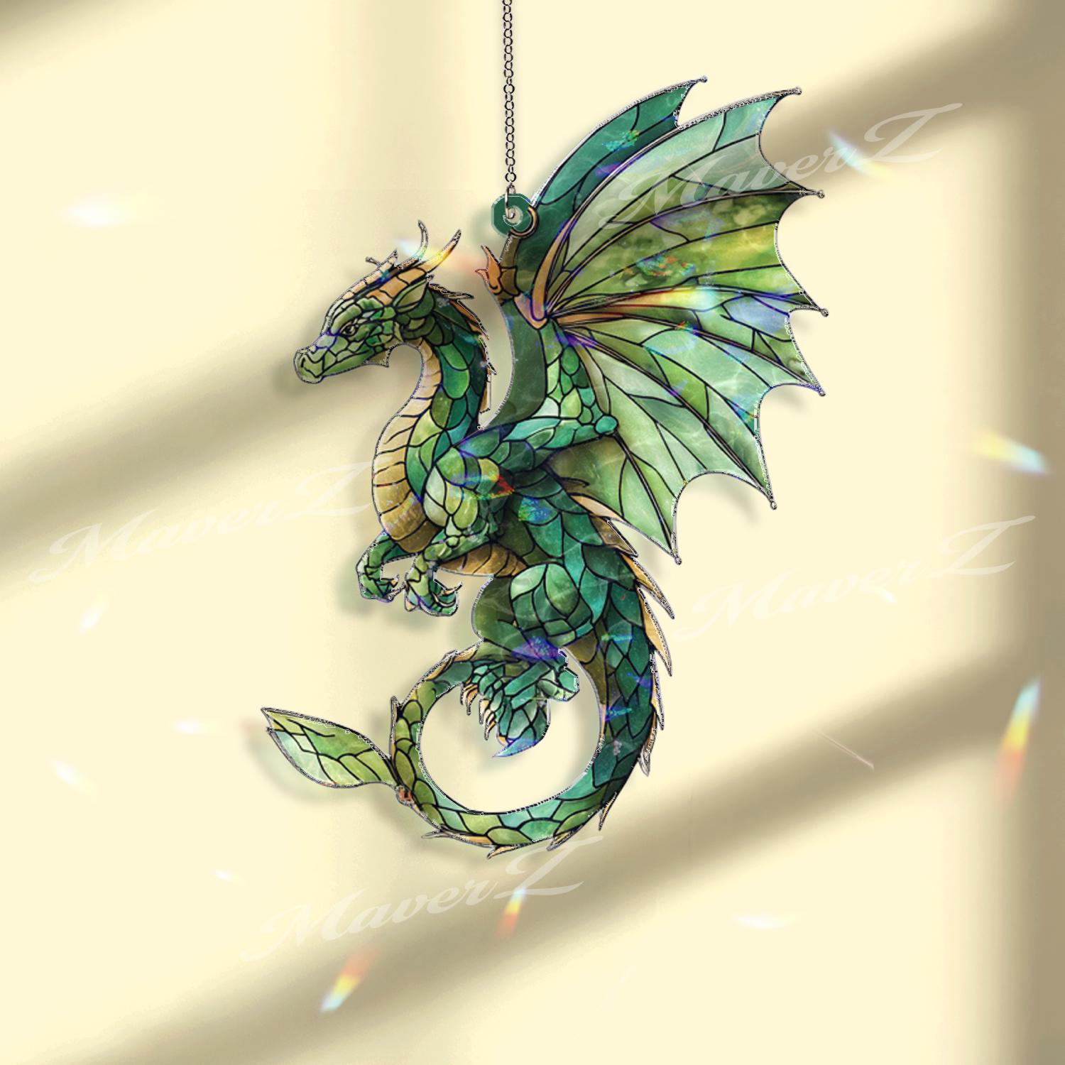 Acchiappasole in acrilico a forma di drago verde, da appendere alla finestra con drago fantasy, acchiappasole in stile vetro colorato, regalo mitologi