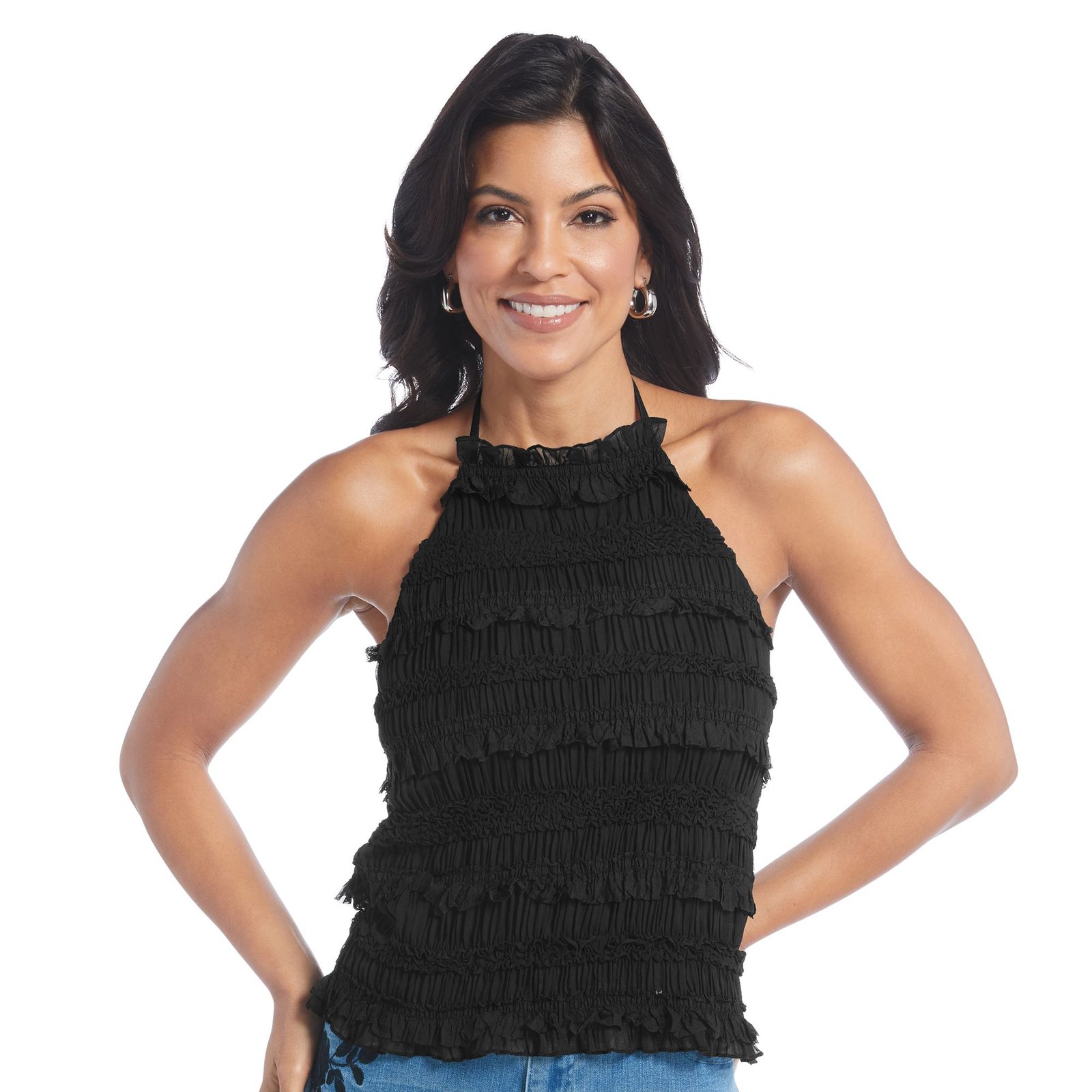 Masseys Rio Ruffle High Neck Top (Size M) Black, Polyester