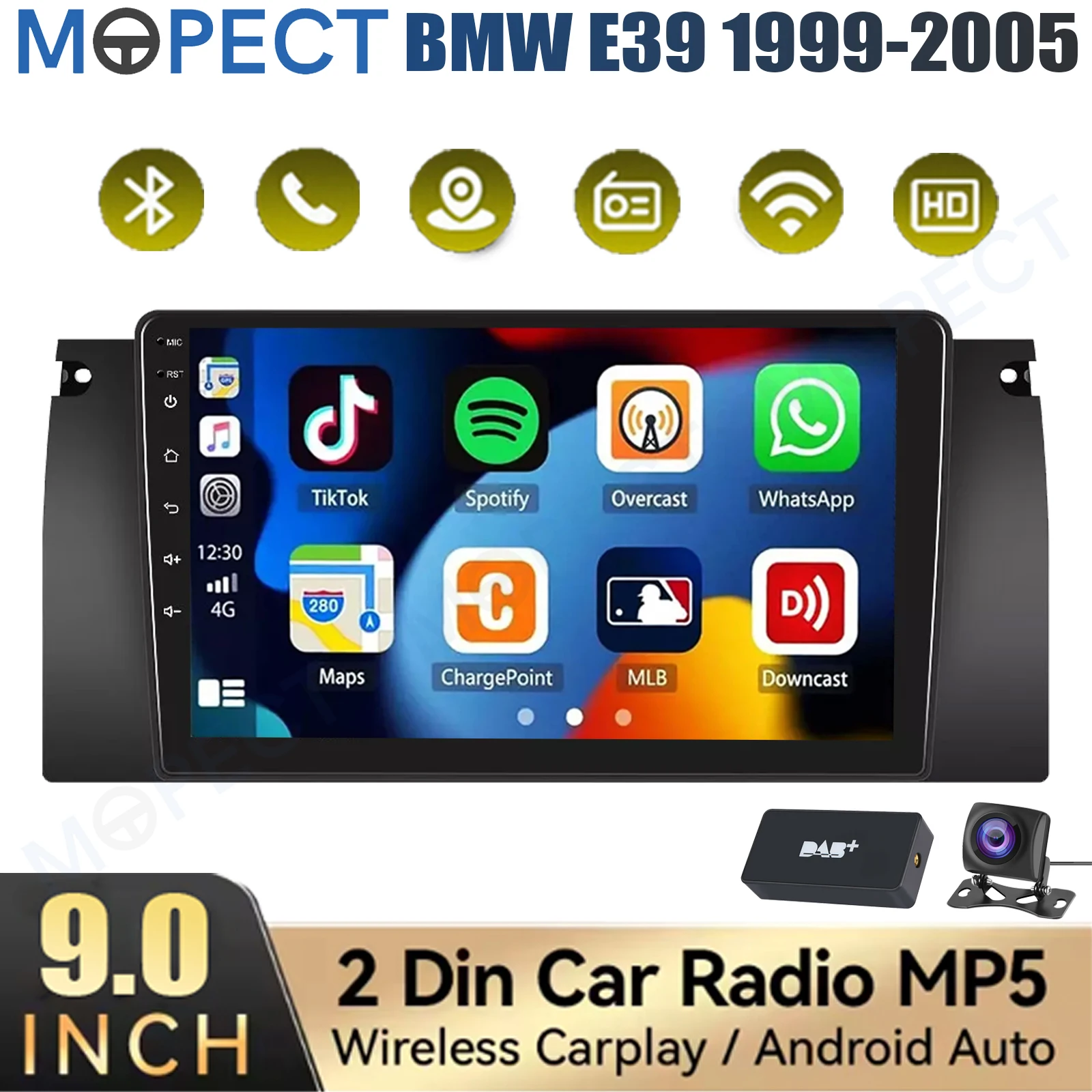 MOPECT 9-Zoll-Autoradio Android 15 4+64GB für BMW 5er E39 7er E38 X5 E53 WiFi CarPlay GPS Navi Head Unit AM/FM/BT+DAB&Kamera Image
