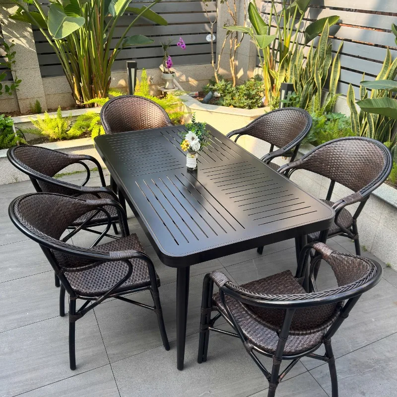 Tisch und Stuhl, Innenhof, Villa, Gartentisch und Stuhl, Freizeit, Balkon im Freien, Kombination aus Rattan-Tisch aus Aluminiumlegierung für den Außenbereich