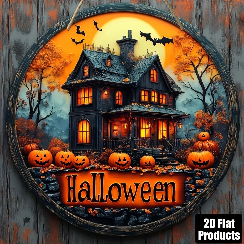 1 Stück 2D flaches runden Halloween-Holzschild mit Spukhaus- und Fledermausmuster, kein Stromversorgung erforderlich – sjs Image