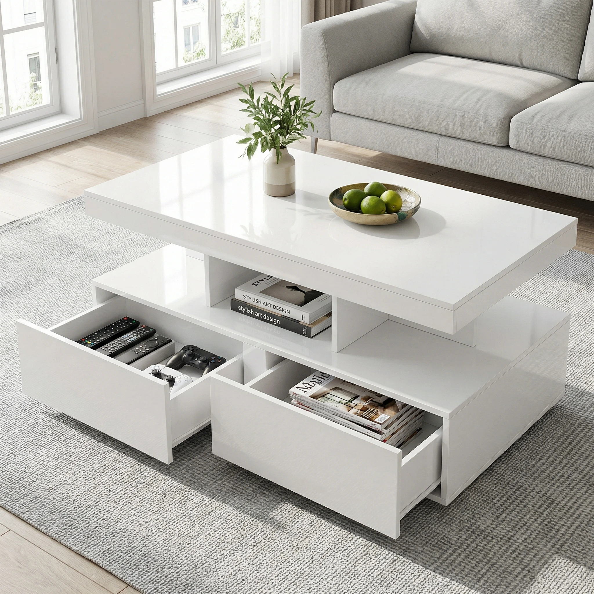 Weißer Couchtisch für das Wohnzimmer, Hochglanz-Oberfläche, mit LED-Beleuchtung, offenem Ablagefach und 2 Schubladen, 104x53x46cm