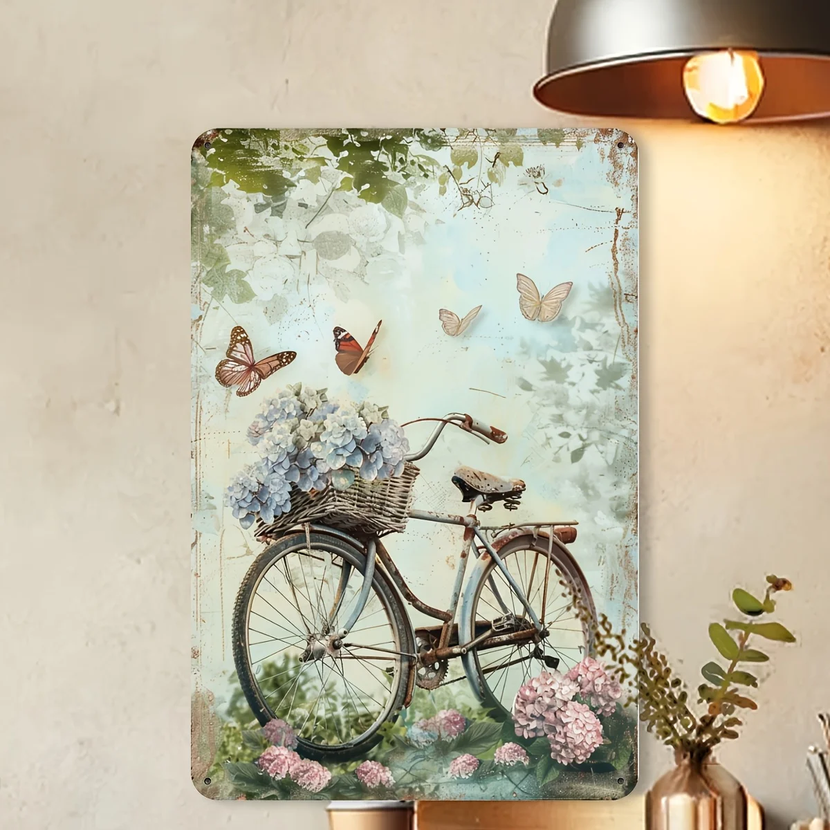 Vintage-Fahrrad-Metallschild mit Blumen- und Schmetterlingsmotiven, Wandkunst aus Eisen für Innen- und Außendekoration Image
