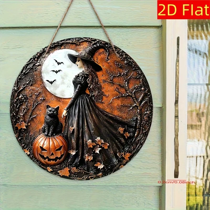 1 Stück 2D flaches rundes Halloween-Holzschild – Hexe in Schwarz, Kürbisse, Fledermäuse, gruselige Waldszene – keine Strom erforderlich – sjs Image