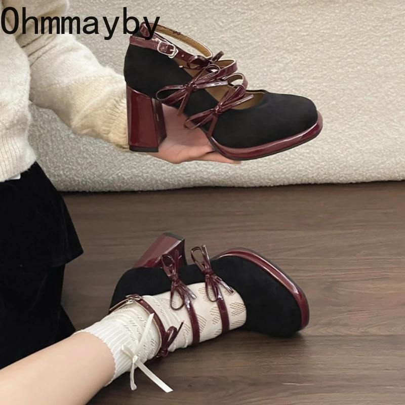 Frühling Starke Ferse Frauen Mary Jane Schuhe Concise Schmetterling-knoten Schnalle Schuhe Damen Elegante Karree Party Kleid Pumpen