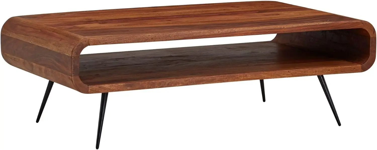 Couchtisch 90x55x30 cm Sheesham Massivholz/Metall Sofatisch Eckig, Wohnzimmertisch mit Stauraum, Kaffeetisch Massiv