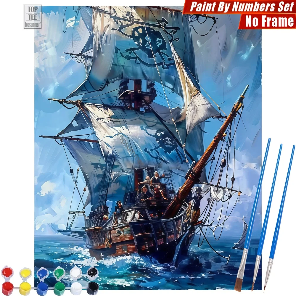 Majestätisches Digital-Ölgemälde-Set mit zerrissenen Segeln – Totenkopf auf gewelltem Meer, abstrakte Wandkunst, Muttertagsgeschenk für die Ehefrau