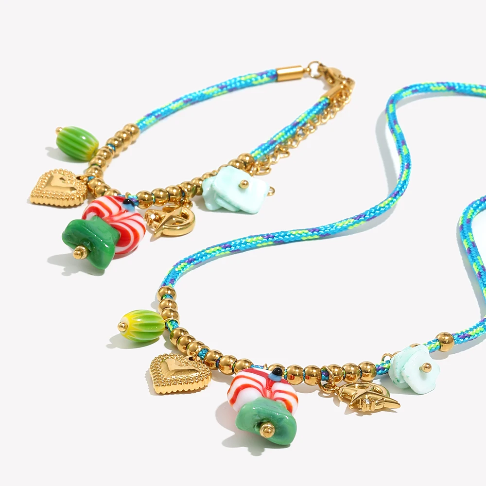 E.B.belle Hellblaues gewebtes Seil, bunter Lutscher-Anhänger, Halskette und Armband, vergoldetes Perlenherz, Damen-Schmuckset Image