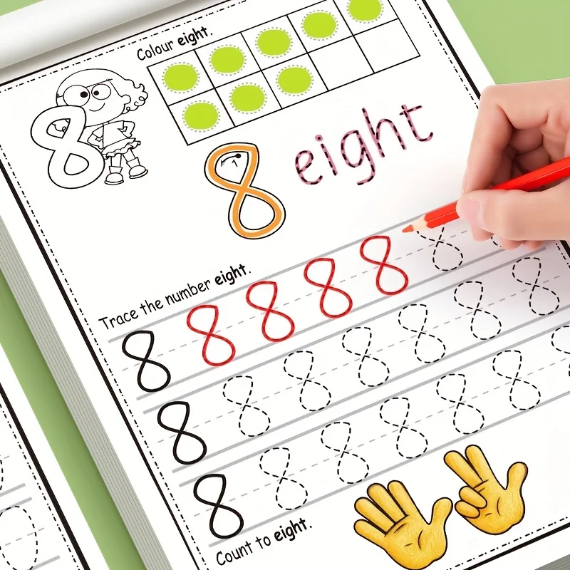 Interaktives Mathe-Lernheft, Zahlen nachzeichnen von 0-30 mit farbenfrohen Illustrationen, Handschriftübung und unterhaltsamen Aktivitäten, Entwicklung früher mathematischer Fähigkeiten, Image