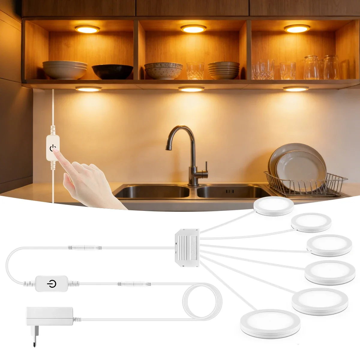 Dimmbare LED-Unterbauleuchten 1-6 Stück Set, 3 Farbtemperaturen, mit Touch-Steuerung, Runde Panelleuchten für Küche & Schrank