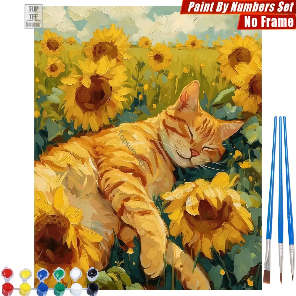 Orange Katze Sonnenblumen Malen nach Zahlen Set - Schlafende Katze mit Sonnenblumen Wohnzimmer Wandkunst Valentinstag Geschenk für Lehrer Image