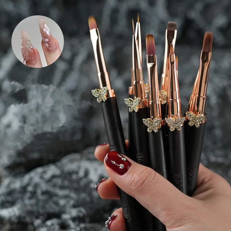 1/12 Stück Schmetterlingsschnallen-Pinsel mit rundem Holzgriff für Nagelkunst, Malerei, Linienzeichnung, Farbverlauf, flacher runder French-Maniküre-Pinsel Image