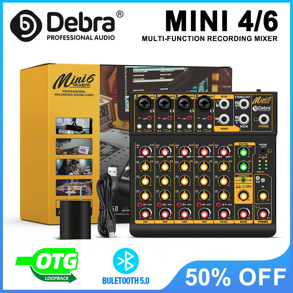 Debra Mini 4 Mini 6 4/6-Kanal-Audiomischer, DJ-Konsole mit Bluetooth 5.0 OTG Reverb 48-V-Soundkarte für PC-Aufnahmen, Webcasts Image
