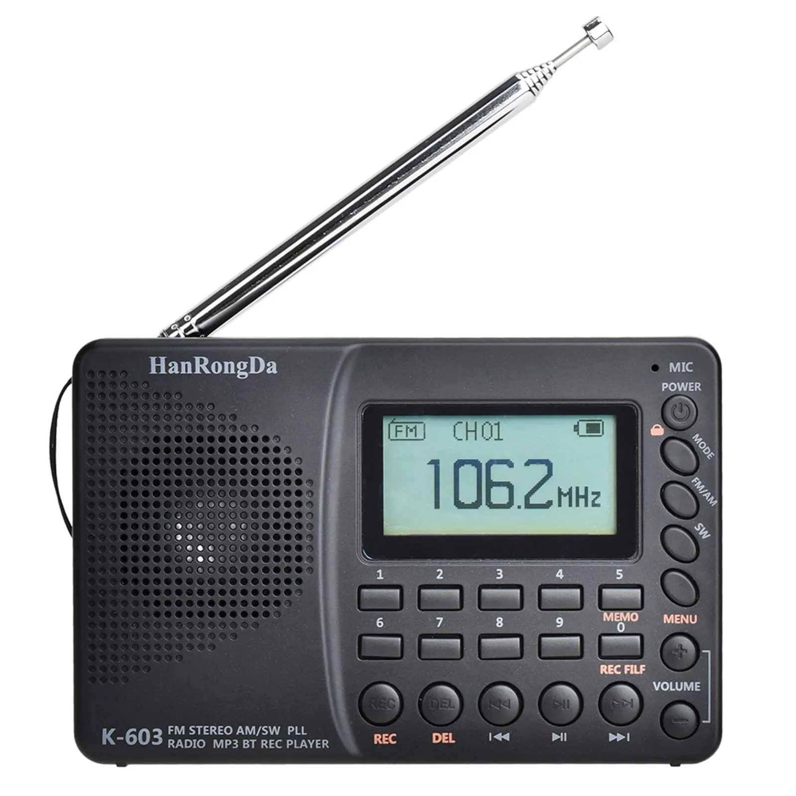 HRD-603 Tragbares Radio AM/FM/SW/BT/TF Taschenradio USB MP3 Digital Recorder Unterstützung TF Karte Bluetooth Radio Image