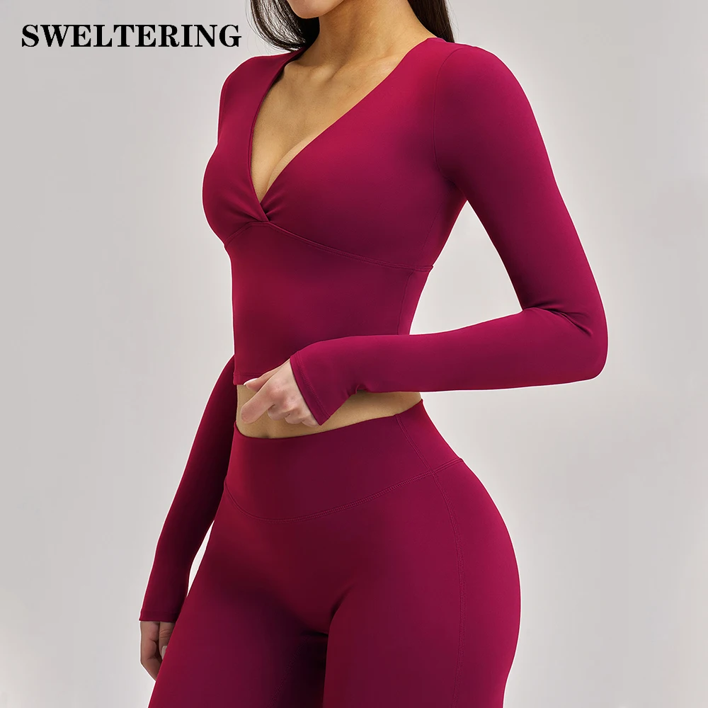 Deep-V Yoga Long Sleeve Solid Sports T-shirts Women's Gym Workout Shirts Sexy Quick Dry Fitness Long Sleeve Female Yoga Shirts