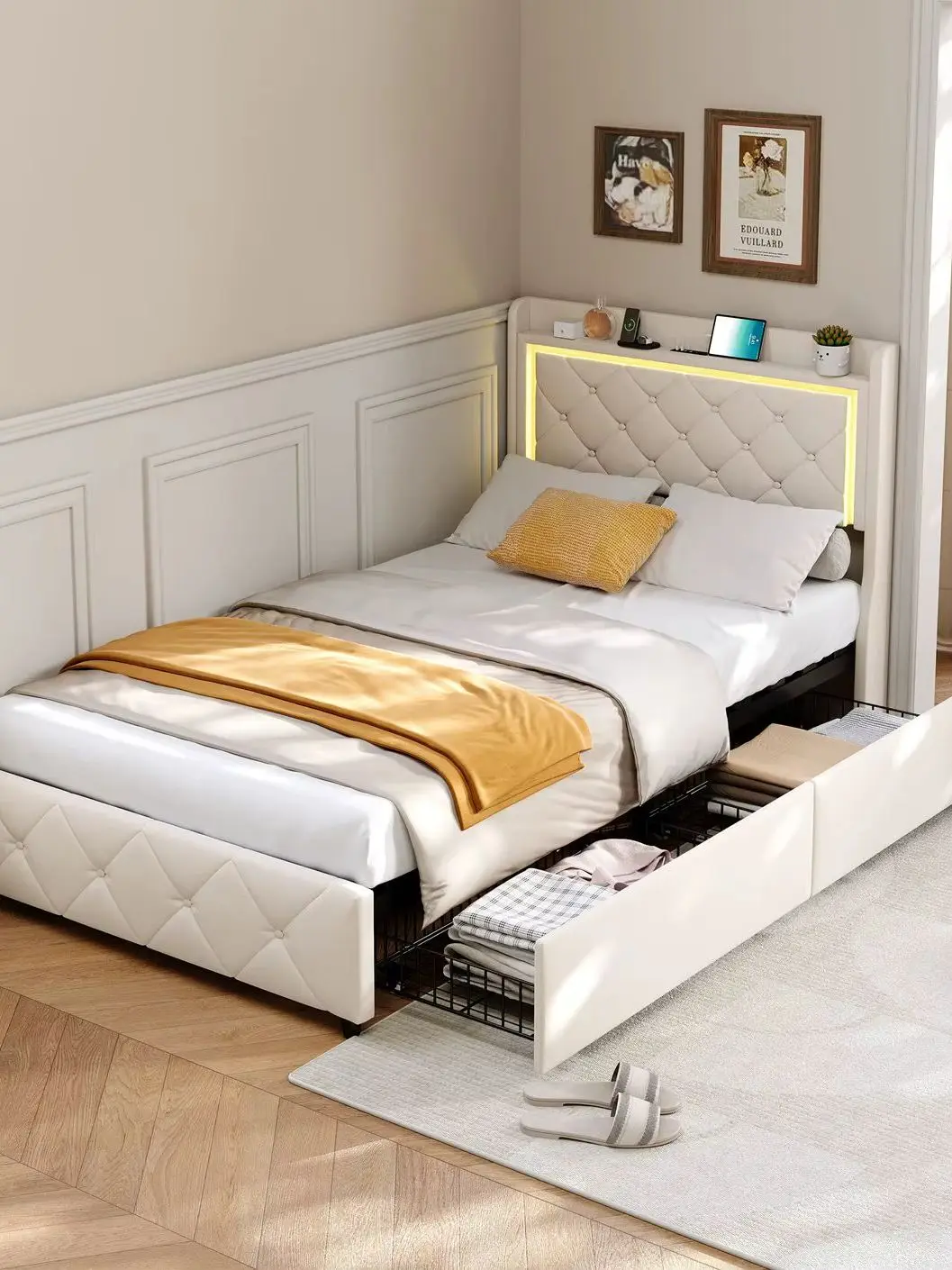 90x200 cm beiges Polsterbett, Bett mit 2 Schubladen, LED-Bettkopfteil mit USB-Ladefunktion, Einzelbett mit Boxspringbett Image