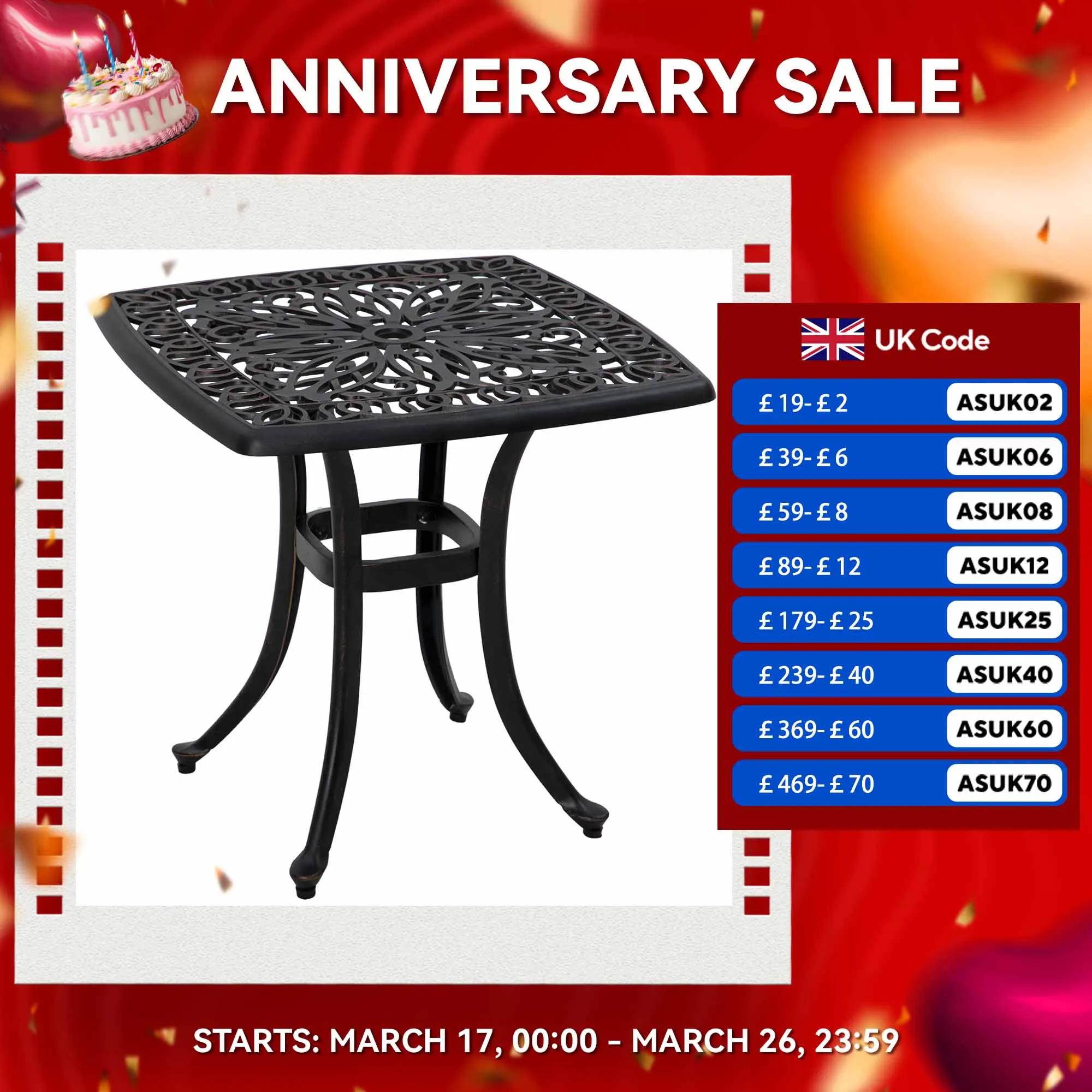 Outsunny Square Small Garden Table, Cast Aluminium Garden Coffee Table with Parasol Hole, Outdoor Side Table