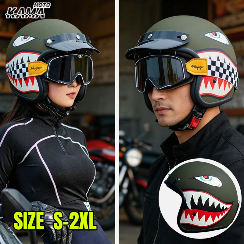 Armeegrüner Haifischmaul-förmiger Personalisierter Motorrad 3/4 Helm Retro-Helm für Männer und Frauen Offroad-Rennhelm Casco Motorrad Image