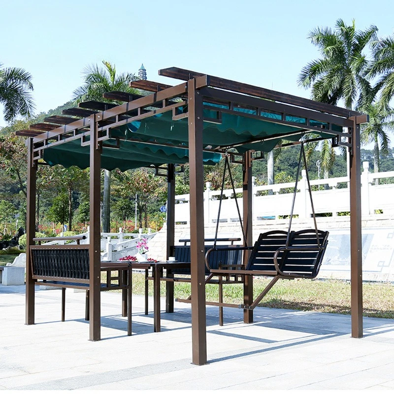 Outdoor-Weinstand-Pavillon mit Hängesessel, Outdoor-Schaukel, Hof-Villa-Tisch und -Stuhl, Garten-Park-Freizeitmöbel aus Konserviertem Holz